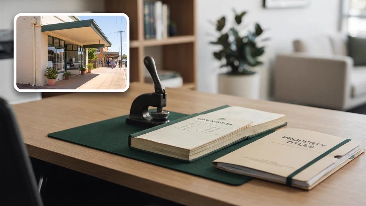 A company seal and a share register on a desk beside a set of property titles